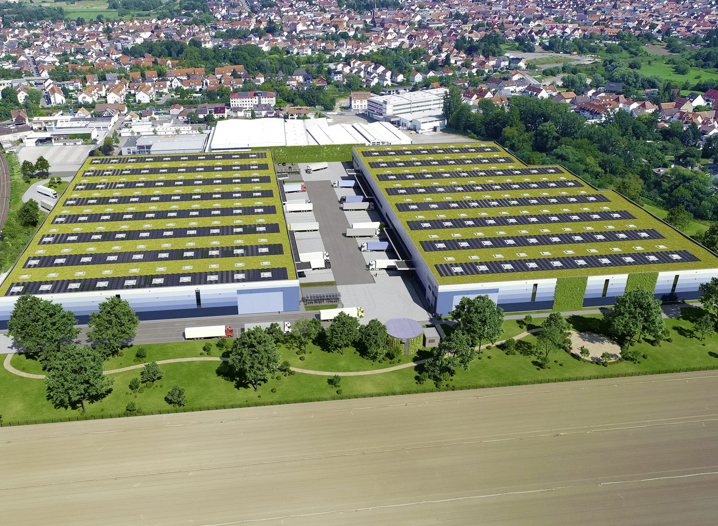 zadbane trawniki wokół centrum logistycznego